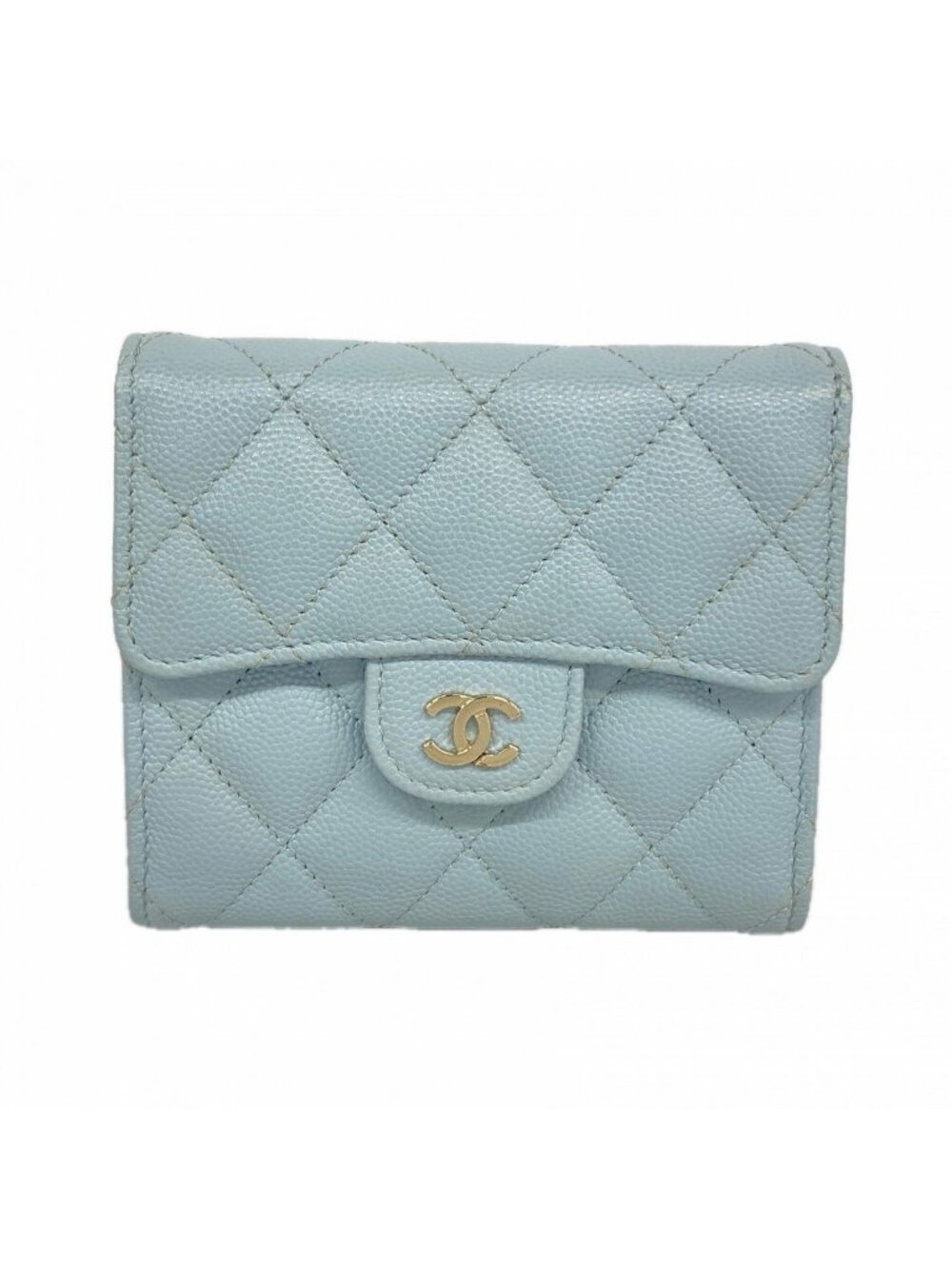 Chanel Trifold Wallet Quilted Caviar Leather Light Blue Champagne Gold
